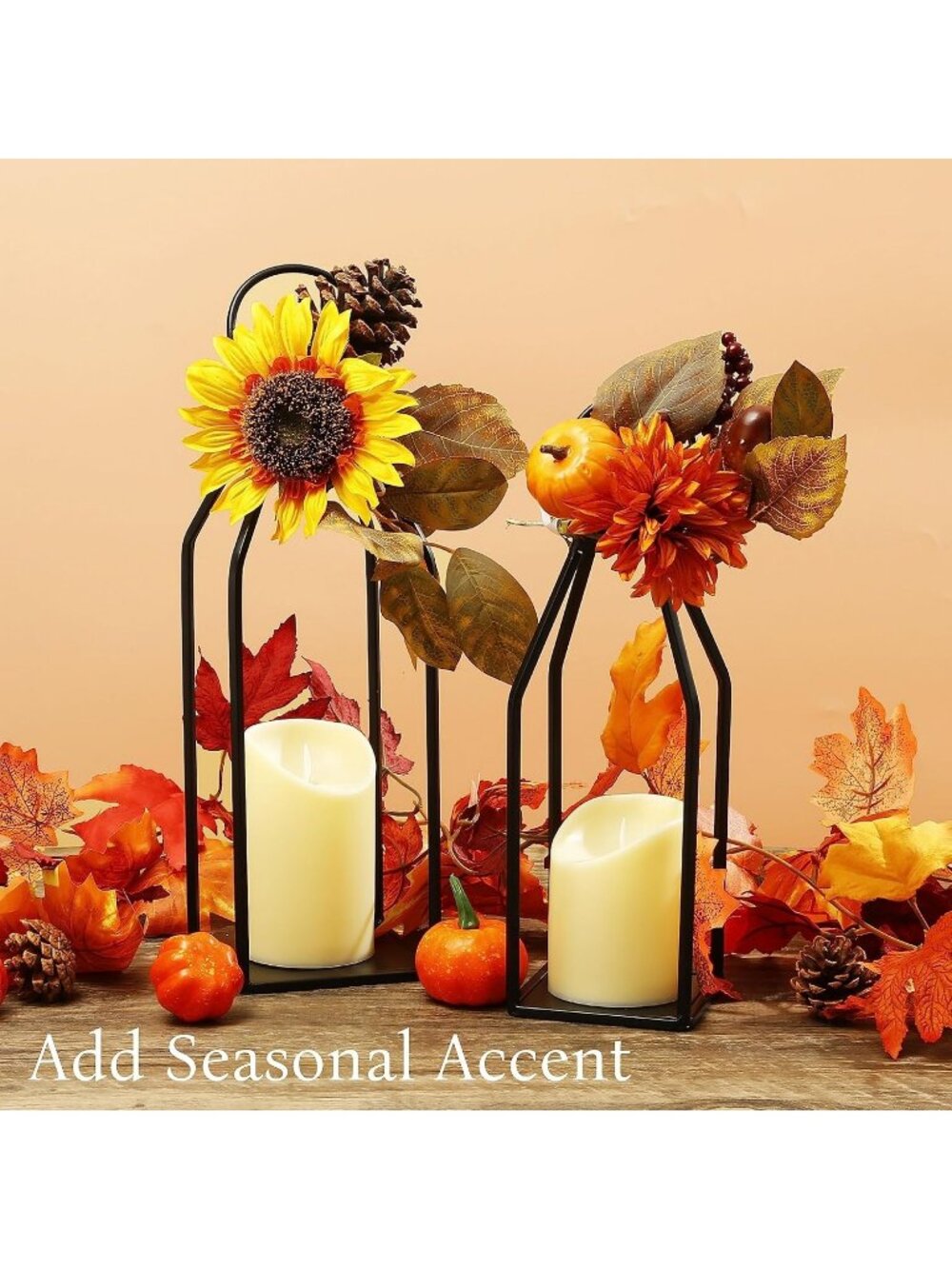 New Set of 2 Black Metal Farmhouse Lanterns with LED Candles Remote Timer - Picture 5 of 6